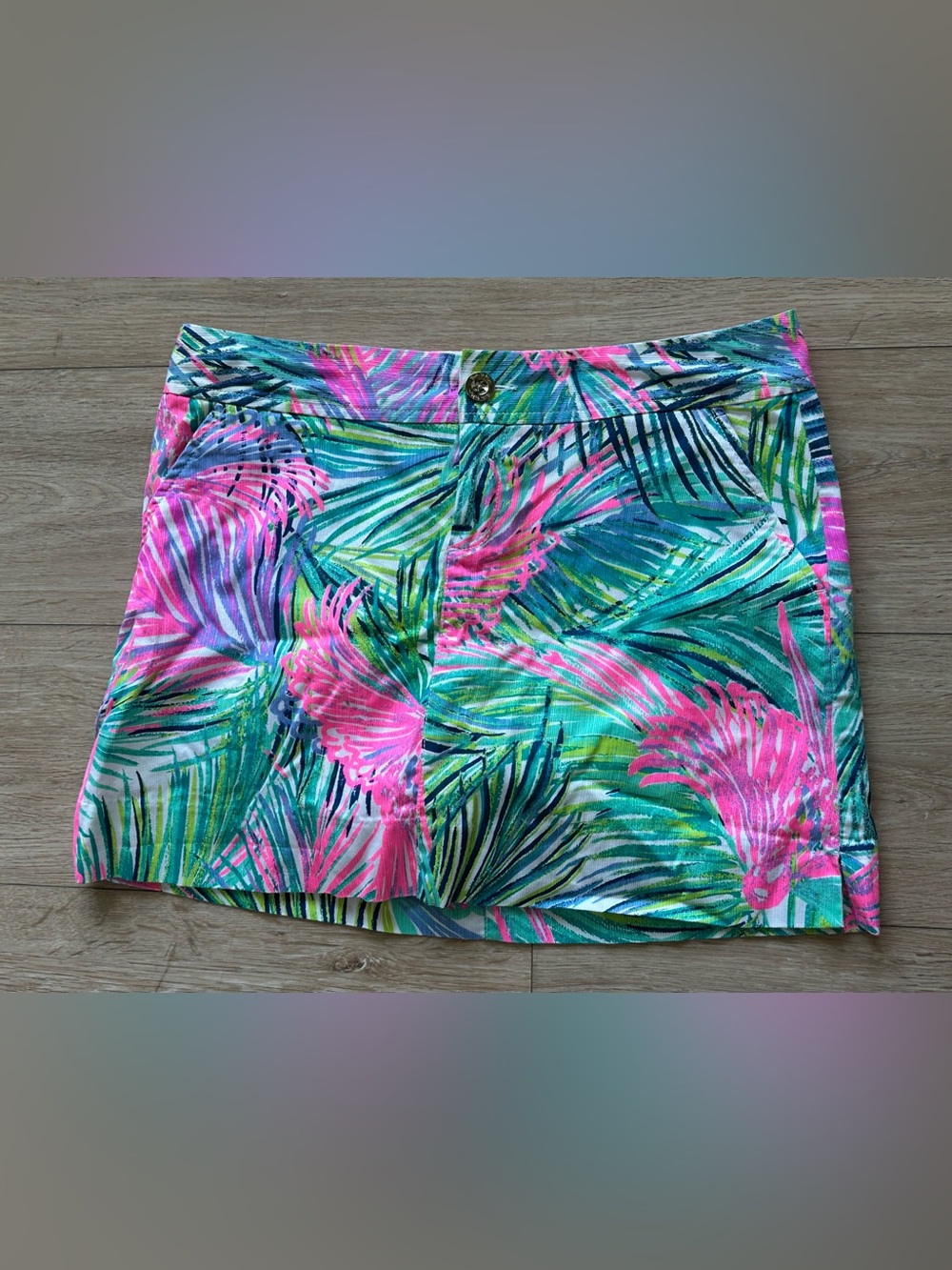 Lilly Pulitzer Nicki tropical Palm-Print Skort in Pink & Teal-Mini Skirt Tennis
